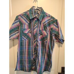 Wrangler Western Shirt Mens Large Pearl Snap Short Sleeve Plaid Teal Purple L